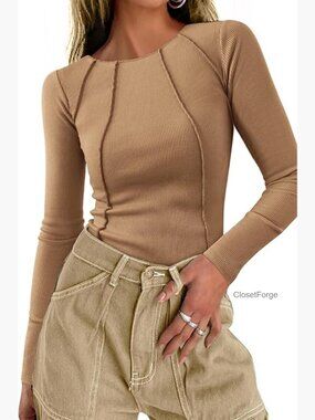 Ribbed Long Sleeve Crop Top Exposed Seams Slim Fit Tee